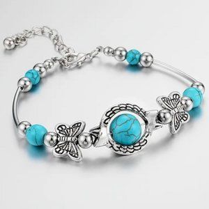 Turquoise & Silver Beaded Butterfly Bracelet